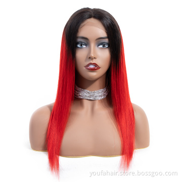 Raw Brazilian Virgin Straight Wave Human Hair Wigs 4x4 Lace Closure for Black Women Ombre 1b Red Color Glueless Swiss Lace Wigs